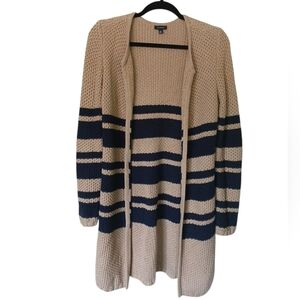 Talbots Long Chunky Knit Open Cardigan Sweater With Navy Stripes Extra Small